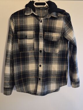 Kids Black & Cream Plaid Hooded Flannel Jacket
